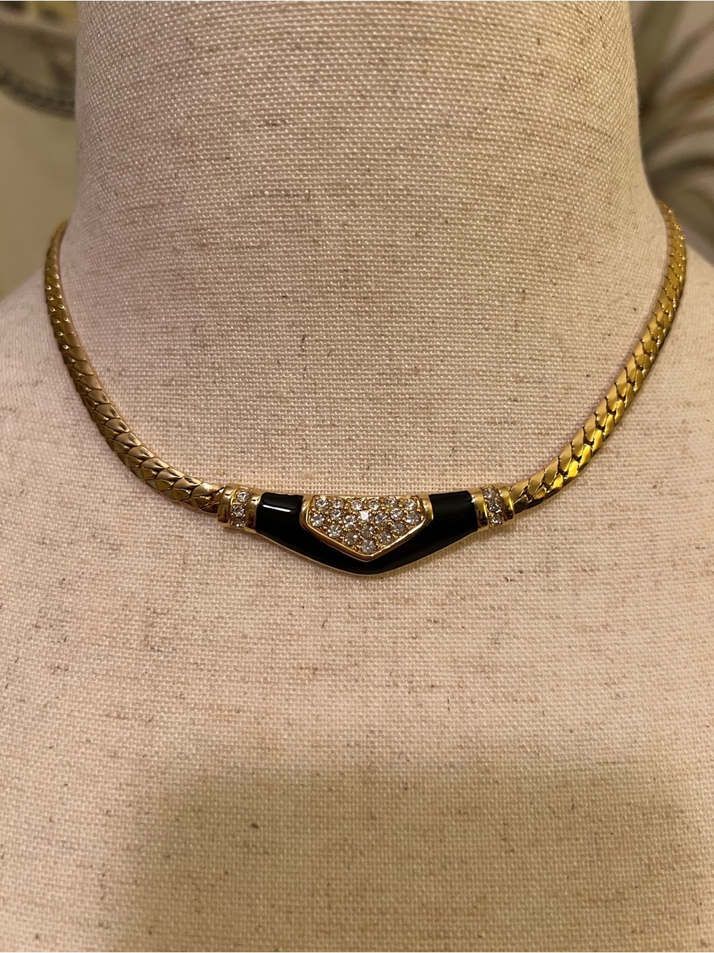 Napier Vintage 80s Gold-Tone Black Enamel V-Accent Necklace with Pave Crystals